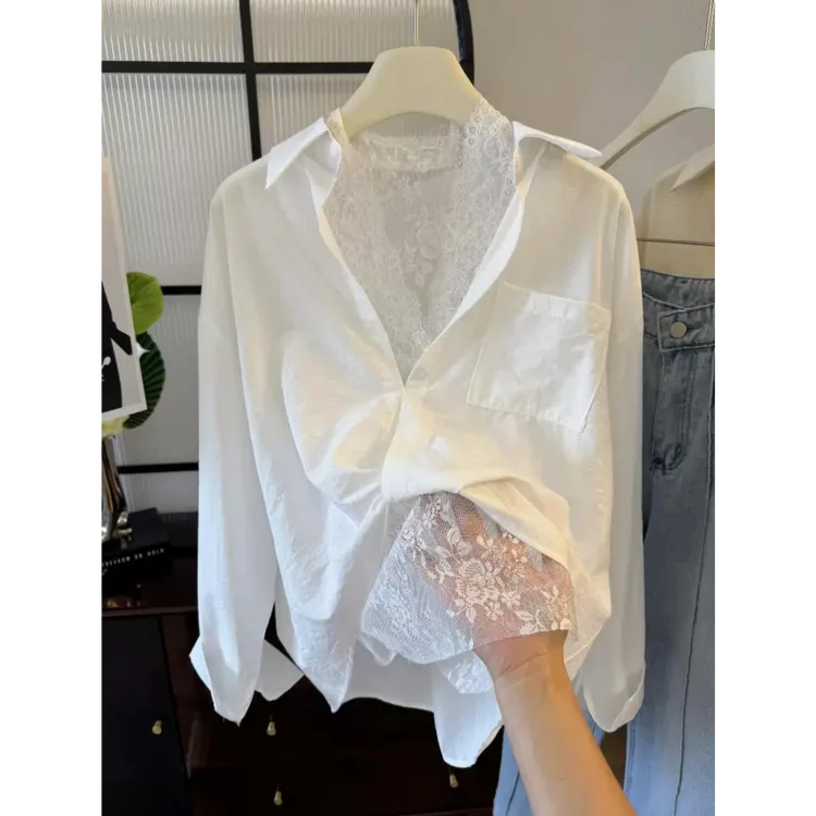 2025春夏新款轻奢高级感气质V领蕾丝背心叠穿百搭宽松长袖衬衫女