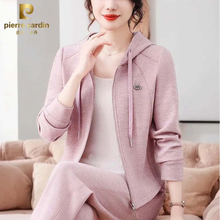 皮尔卡丹洋气秋冬新款开衫连帽卫衣显瘦爆款套装休闲服两件套高奢