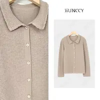 JIUNCCY【方蓠】100绵羊毛翻领华夫格微镂空针织开衫 52YZZ132