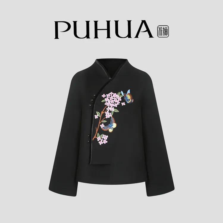 【PUHUA-朴婳】2025新中式春季黑色短款羊毛外套 642