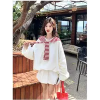 白色韩系chic穿搭套装女2025秋季新款撞色条纹简约卫衣短裙两件套