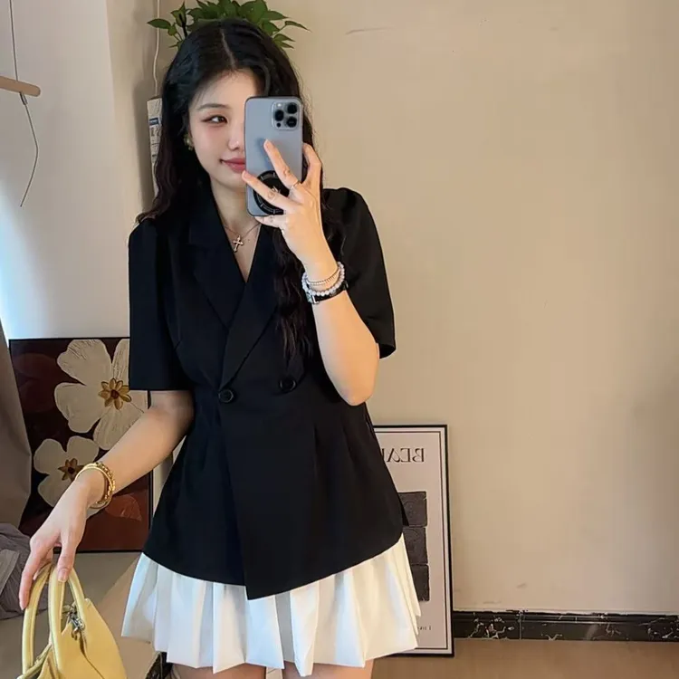 2208小个子夏季短袖轻薄透气洋气套装气质收腰显瘦法式黑色蛋糕裙