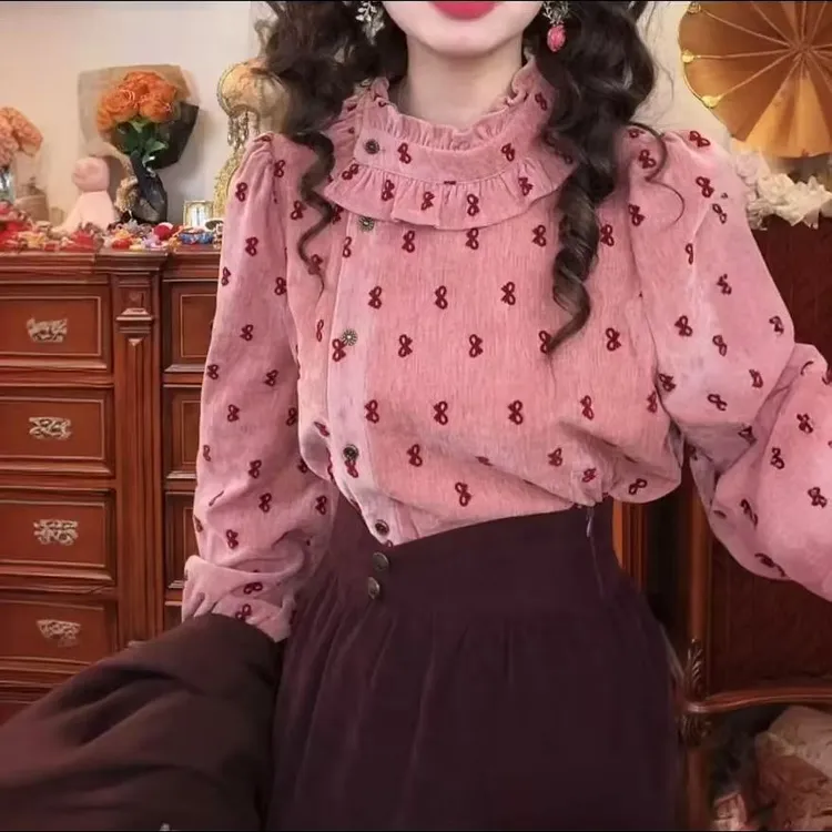 港风复古别致斜襟温柔蝴蝶结衬衫女秋冬双面绒衬衣通勤百搭上衣