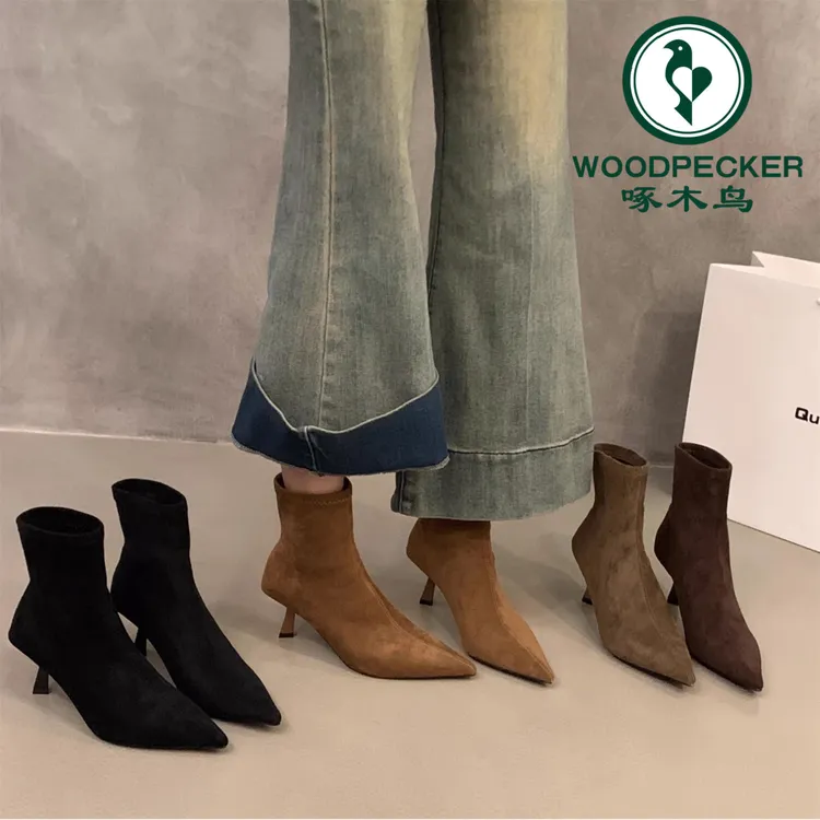 啄木鸟小猫跟尖头绒面短靴女2025秋冬气质细跟加绒裸靴弹力瘦瘦靴