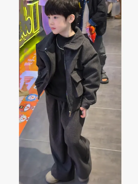 男童韩系加绒加厚斜纹外套裤子套装2025秋冬装儿童宽松舒适两件潮