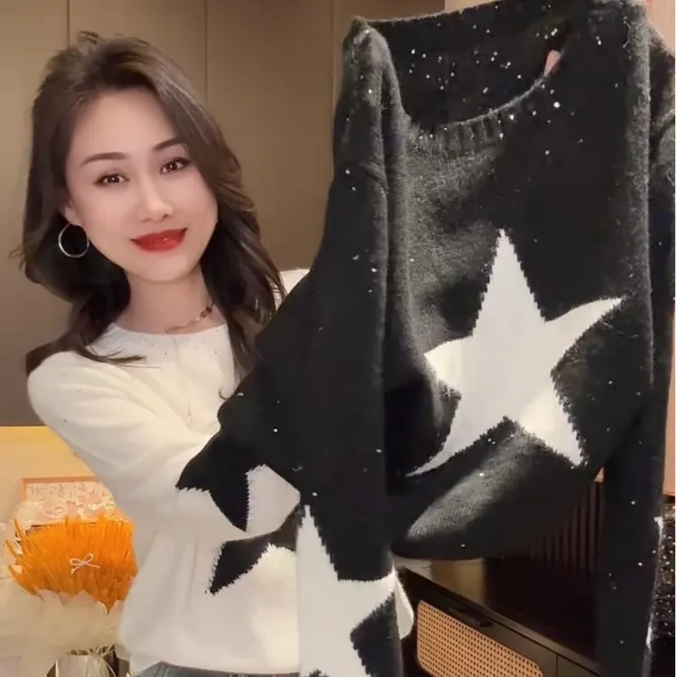 五角星图案套头针织长袖女25秋冬新款风百搭休闲撞色长袖上衣