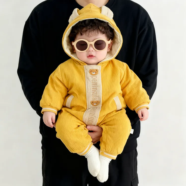 婴儿连体衣冬季加绒男女宝宝衣服刺绣小熊韩版外出服新生儿衣服