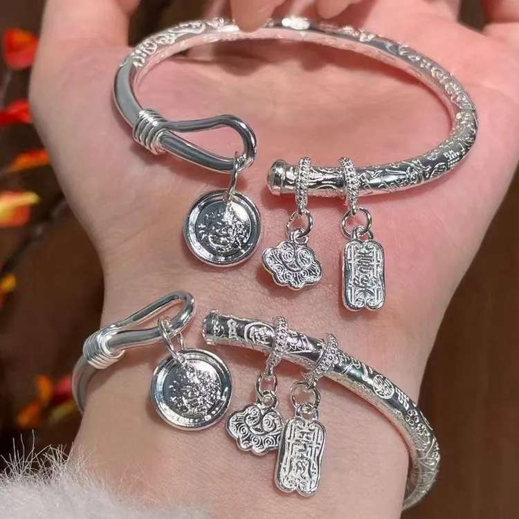 足银手镯 足银999手镯女时尚圆棍吉言镯子如意平安黄财神祈福
