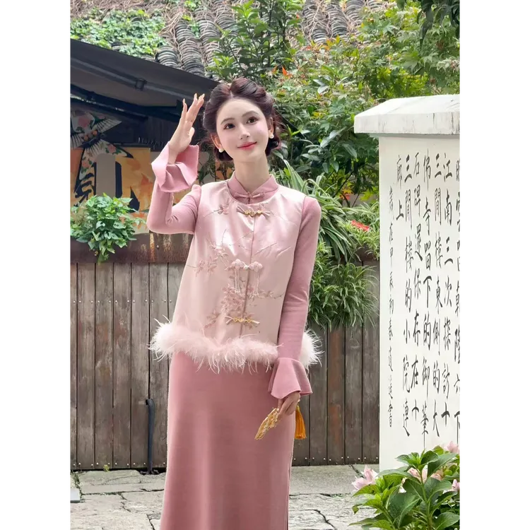 LiLi李李家【苍山雪】新中式鸵鸟毛马甲连衣裙套装XMZH9561XMZH9883