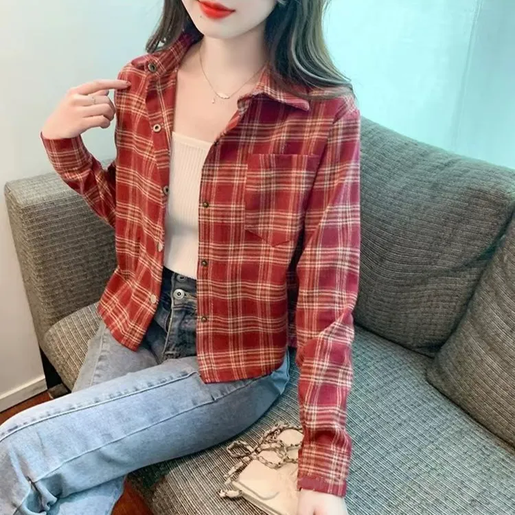 复古磨毛格子衬衫女春秋季POLO领格子衬衫女款衬衫衬衣女款外穿