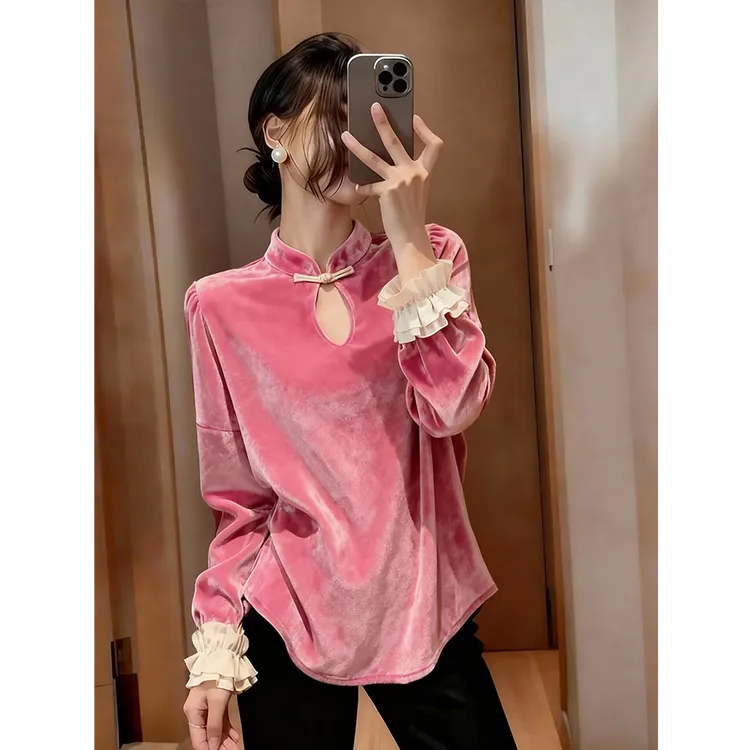 新中式粉色丝绒衬衫女冬2025新款内搭高级感独特漂亮巨好看厚上