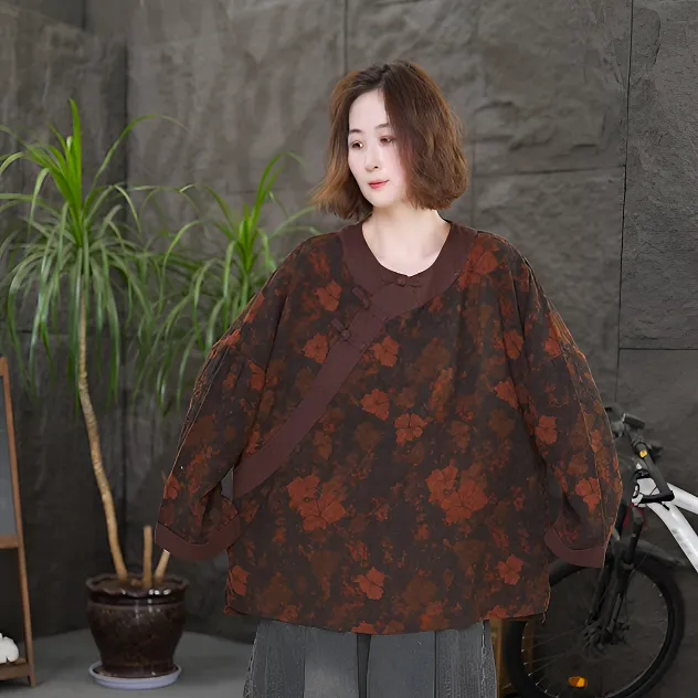 qq圆领印花秋季长袖套头卫衣休闲复古提花百搭宽松上衣女