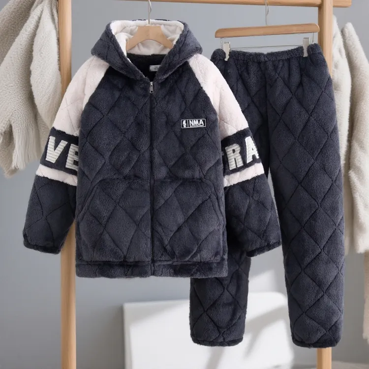 冬季男士三层夹棉加绒加厚加肥加大冬款季睡衣家居服套装大码保暖