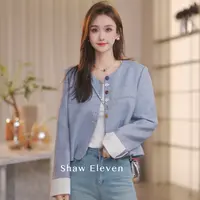 【Shaw Eleven】2025年秋女装新款法式蓝色人字纹圆领外套26370