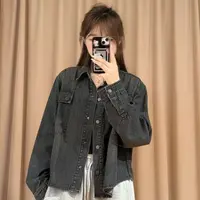 85600余小鱼【后街牛仔】深灰色弧形下摆POLO领单排扣牛仔外套女装