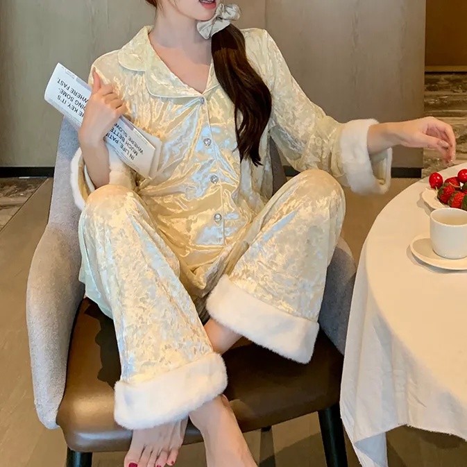 METINBARLEN密汀巴灵金丝绒睡衣女高级感秋冬毛毛袖两件套家居服