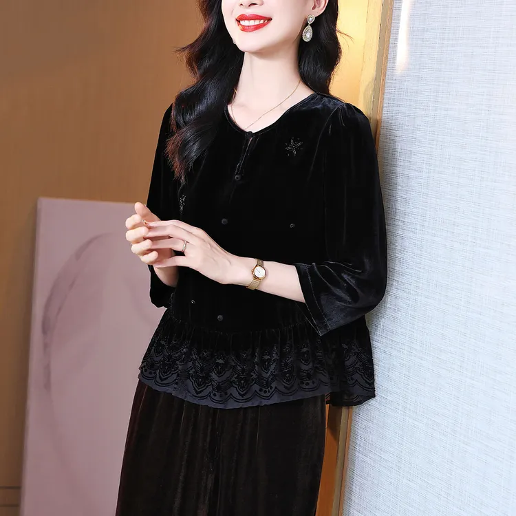 秋季圆领七分袖真丝丝绒上衣女士小个子设计感黑色百搭桑蚕丝小衫