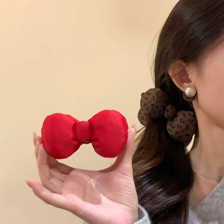 复古红色豹纹蝴蝶结香蕉夹女饱满后脑勺抓夹半扎发鲨鱼夹头饰发饰