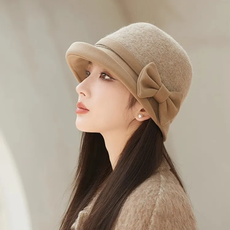 秋冬时尚百搭卷边盆帽羊毛呢冬天保暖英伦复古优雅渔夫帽气质礼帽