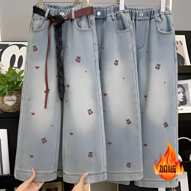 【加绒】2025秋冬款新款女童裤子时髦樱桃牛仔直筒休闲裤爆款儿童