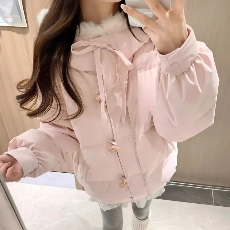 甜美风粉色牛角扣羽绒棉服女秋冬季小个子设计感宽松加厚连帽棉衣