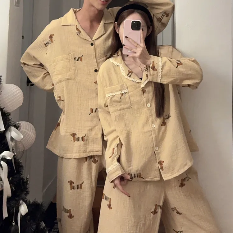 A类纯棉男士睡衣春秋冬款长袖长裤一男一女情侣装全棉家居服套装