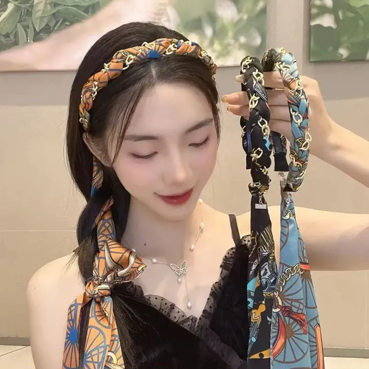 复古链条发箍一体飘带发箍发带头饰时尚编织手工发箍缎面