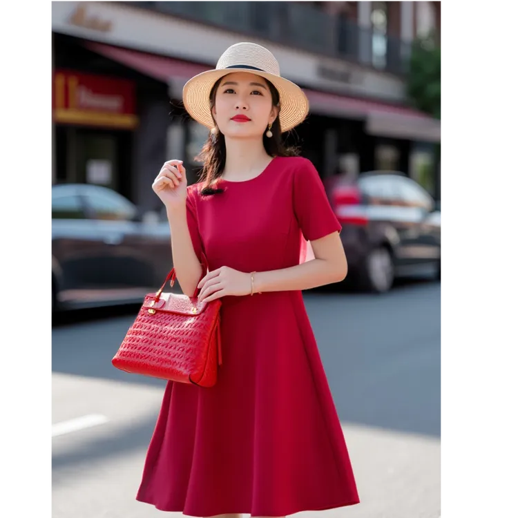 春款收腰修身显瘦裙子包臀扎染连衣裙红色连衣裙女长裙女人味版型