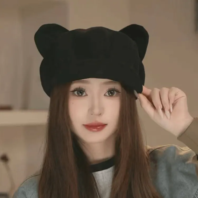 可爱猫耳贝雷帽子女秋冬季复古百搭报童帽新款显脸小画家八角帽