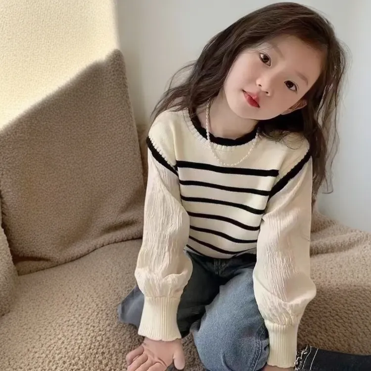 2025新款儿童秋装拼接泡泡袖毛衣秋冬季女宝宝针织衫条纹上衣童装