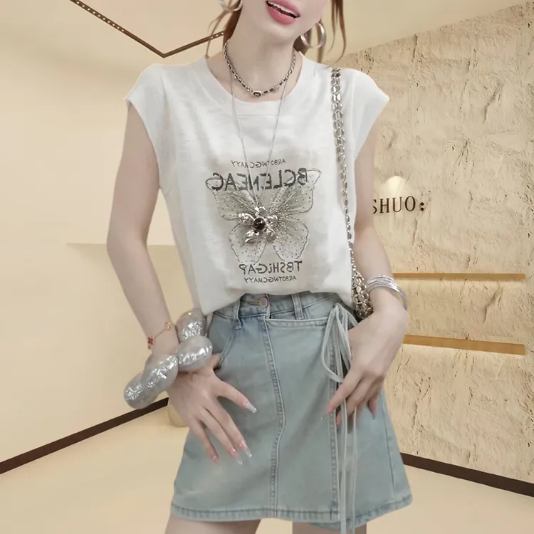 设计感蝴蝶烫钻印花短袖女款爆款2025新款独特漂亮小衫洋气衣服女
