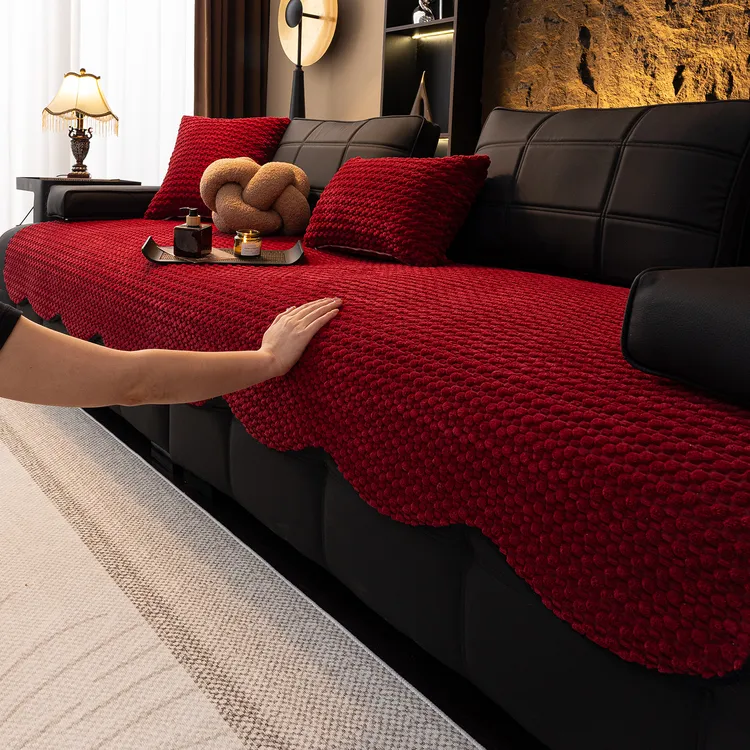 麦颜红色喜庆毛绒沙发垫冬2025新款高级感结婚坐垫防滑套罩盖布巾