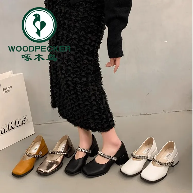 啄木鸟百搭网红平底软底玛丽珍鞋女方头粗跟一字扣配裙子休闲单鞋