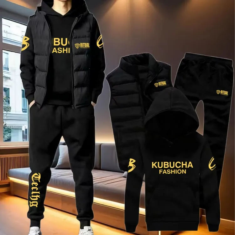传奇保罗秋冬男士套装裤子马甲帽衫三件装保暖运动休闲装中青年装