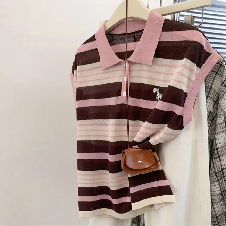 200斤可穿今年流行的Polo领冰丝短袖T恤女夏季条纹刺绣美式上衣服