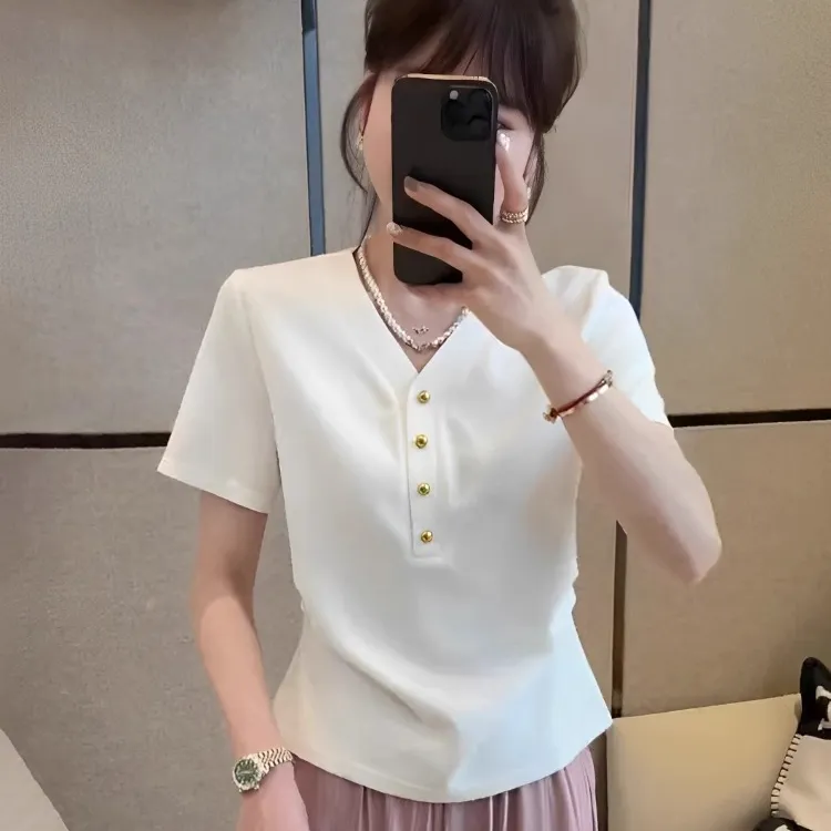小个子v领短袖t恤女装2025新款爆款夏季时尚洋气时髦法式掐腰上衣