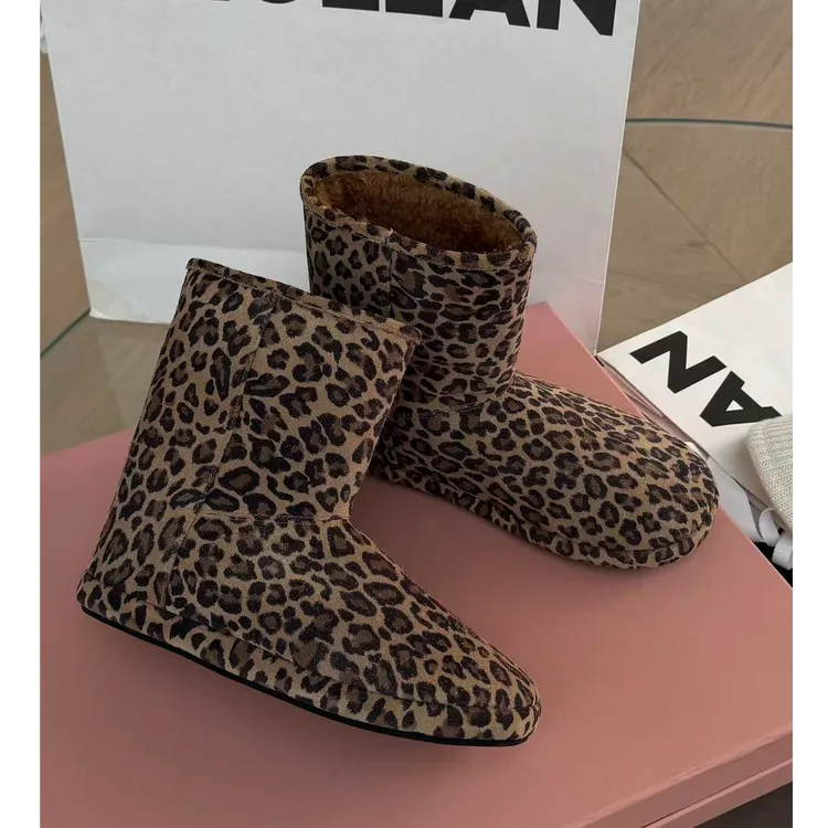 诗歌兰女靴时尚百搭平底豹纹雪地靴棉靴潮