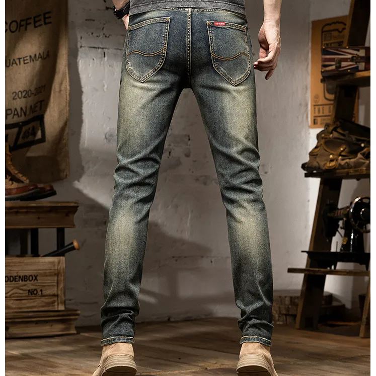 复古色牛仔裤男士2025秋季弹力修身直筒裤潮牌时尚做旧水洗裤子男