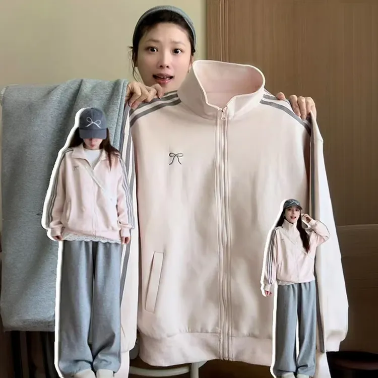 【帝韵】韩系蝴蝶结立领拉链卫衣女秋冬穿搭宽松加绒加厚外套上衣服