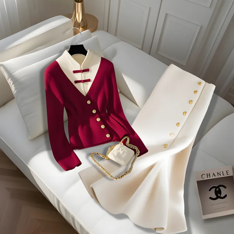 今年流行爆款秋冬新中式国风红色假两件毛衣鱼尾针织半身裙套装女