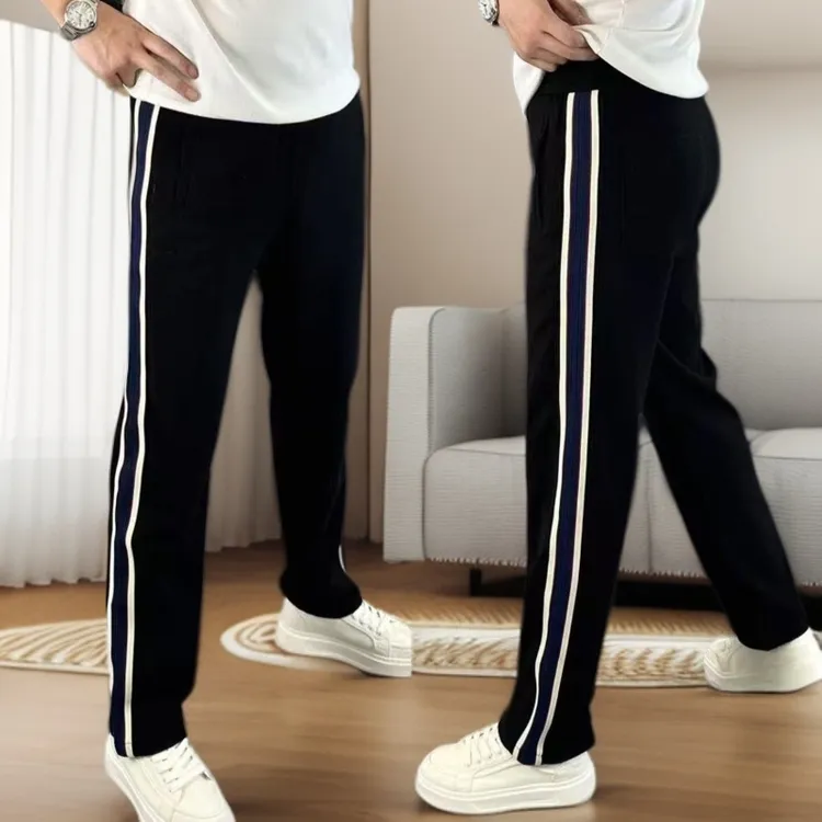 宽松男秋冬款裤子条纹织带休闲裤松紧腰韩系简约直筒裤男士阔腿裤