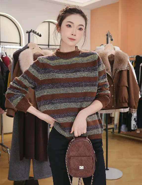 韩系复古条纹撞色圆领毛衣2025秋冬新款气质显瘦百搭上衣女