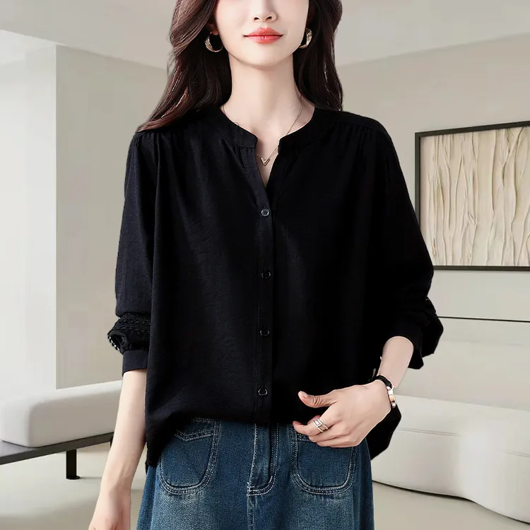 黑色V领长袖衬衫女秋季2025新款时尚减龄宽松显瘦设计感镂空上衣