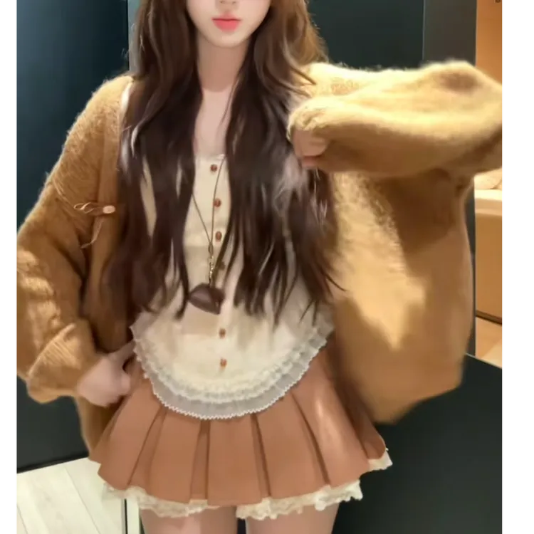 慵懒风长袖开衫外套蕾丝吊带背心女秋季穿搭套装百褶半身裙三件套