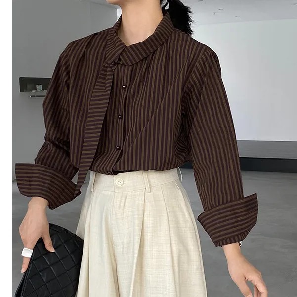 设计师款小众别致领口飘带红色条纹衬衫复古女秋冬宽松气质衬衣