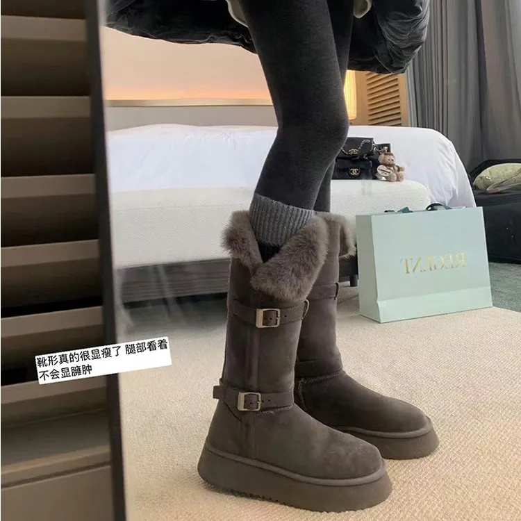 灰色长筒雪地靴女2025冬季新款厚底中筒加绒东北棉鞋保暖高筒靴子