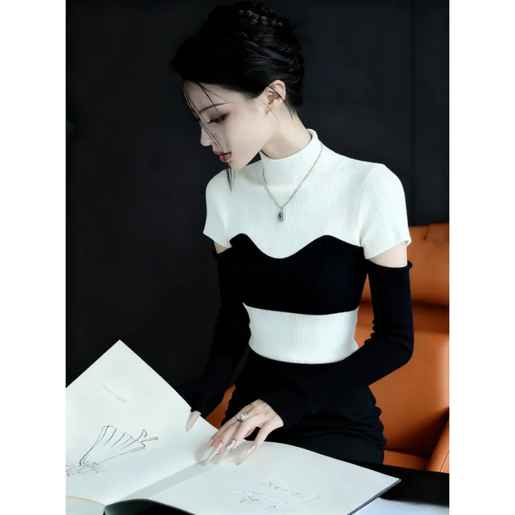 【现货】早秋巨好看轻熟上衣巨好看独特漂亮气质高端黑白撞色针织衫