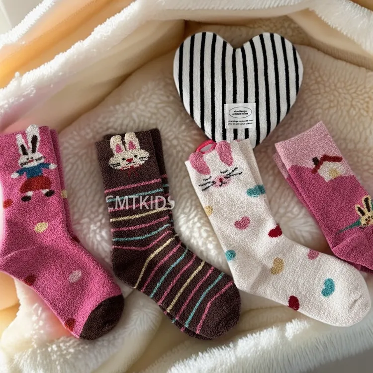 儿童冬天新款加厚袜子宝宝可爱卡通兔子半边绒毛毛袜女童保暖棉袜