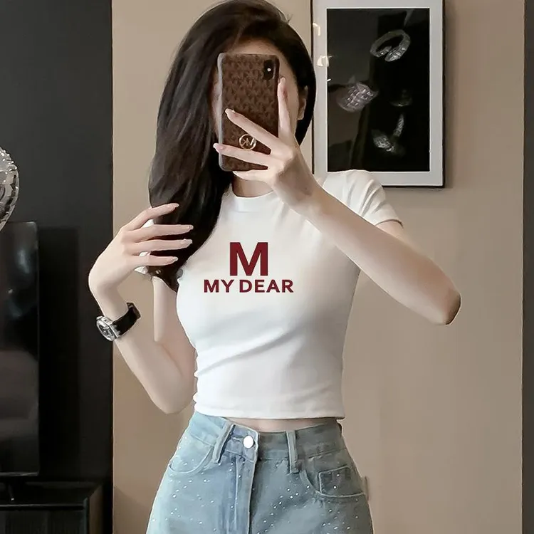 半高领短袖T恤潮高腰短款露脐时尚百搭女网红修身款印花显瘦上衣