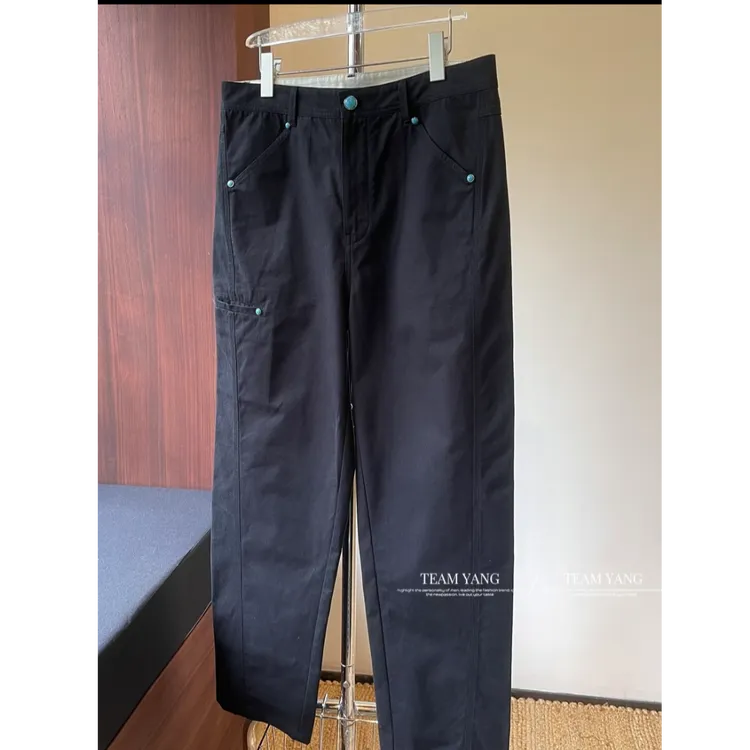 Team Yang-早春新款简约直筒修饰腿型遮肉显腿长绿松石长裤2086